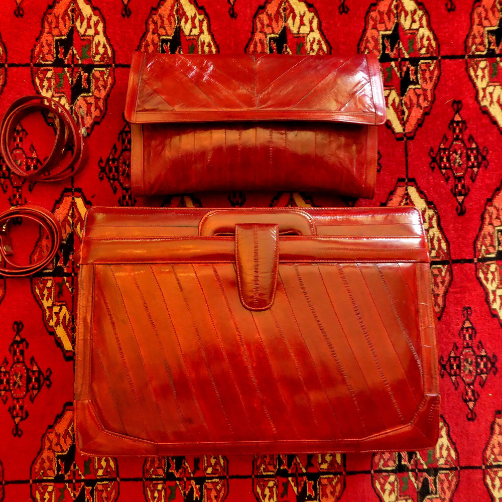 Vintage Burgundy Eel Skin Briefcase Matching Purse